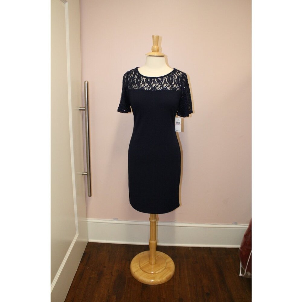 NWT Alex Evenings Navy Crepe Cocktail Dress with Sequin Lace Sleeves.